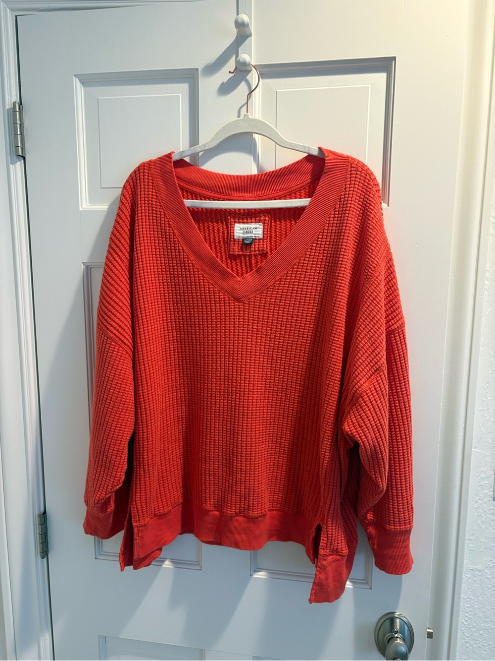 American Eagle Red Waffle Knit V-Neck Sweater